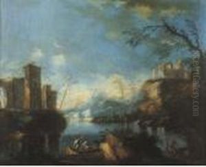 Paesaggio Fluviale Con Astanti Vari, Borgo Diroccato E Rovine Inlontananza Paesaggio Fluviale Con Astanti Vari, Borgo Diroccato E Rovine Inlontananza
