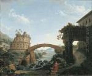 Paesaggio Laziale Con Il Tempio Di Vespasiano In Primo Piano E Rovine Classiche
