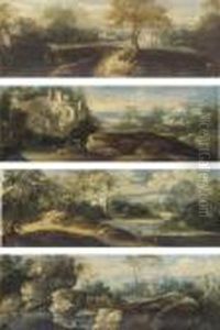 An Extensive Landscape With A
Elegant Company On A Path And A Villa Beyond; A Wooded River Landscape
With Travellers On A Path, A Town Beyond; A Mountainous River Landscape
With A Traveller Crossing A Bridge; A Wooded River Landscape With
Travelle by Alessio De Marchis