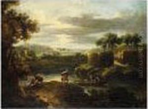 A River Landscape At Dusk, With Figures By A River