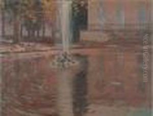 Bassin Et Jet D'eau Dans Un Parc by Francois Marie De Marliave