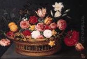 Tulips, Roses, Lilies, A Peony,
Forget-me-nots, Anemone And Otherflowers With A Butterfly In A Basket,
On A Stone Ledge by Phillipe de Marlier