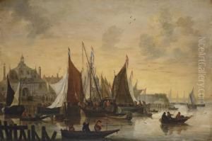 View Of The Oude Hoofdpoort, Rotterdam, With Sportsmen Shooting Duck In The Foreground by Hendrick De Meijer