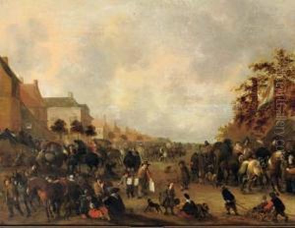 Horsemen, Peasants And Other Figures In A Busy Village Street - view 1