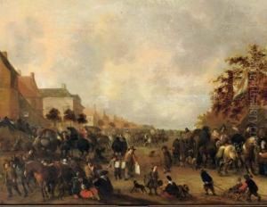 Horsemen, Peasants And Other Figures In A Busy Village Street by Hendrick De Meijer
