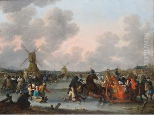 Ice Skaters And A Decorated 
Horse-drawn Sleigh On A Frozen River With Windmills And A Town Beyond - view 1