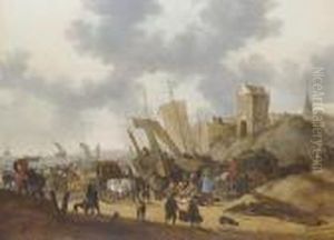 The Beach At Scheveningen With Fishermen Unloading Their Catch And Shipping Beyond by Hendrick De Meijer