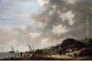 A Coastal Scene With Fishermen Unloading Their Catch Onto The Beach by Hendrick De Meijer