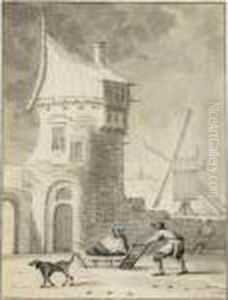 A Pair Of Summer And Winter 
Scenes: A Man Pushing A Woman On A Sledge, A Town Gate And Windmill 
Beyond; A Shepherd Driving His Flock Though A Gate Into A Field by Hendrik Meijer