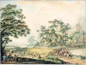 An Extensive Summer Landscape 
With A Castle To The Right, A Church In The Background, Haymakers 
Working And Other Peasants Resting