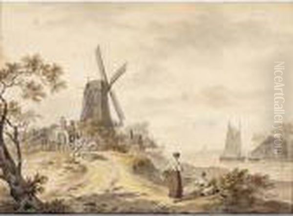 A Horsedrawn Cart With A Family
Before A Windmill, Two Women Near The River, A Village In The Background - view 1