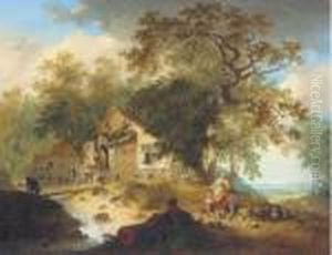 A Wooded River Landscape With Peasants Resting By A Cottage by Hendrik Meijer