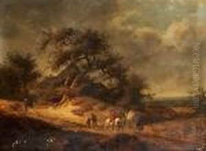 A Horse Drawn Cart, A Rider And Travellers On A Track Before A Farmstead