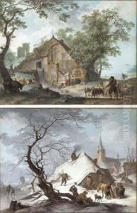 A Thatched Mill By A Stream With
A Shepherd And His Flock, A Dutchtown In The Background; And A Thatched
House Under Snow By A Frozenlake, A Church In The Background by Hendrik Meijer