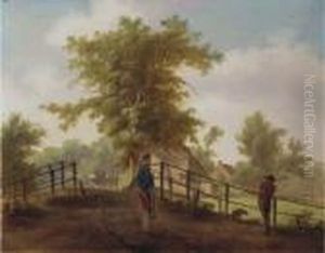 A Landscape With Two Men And A Dog On A Bridge
