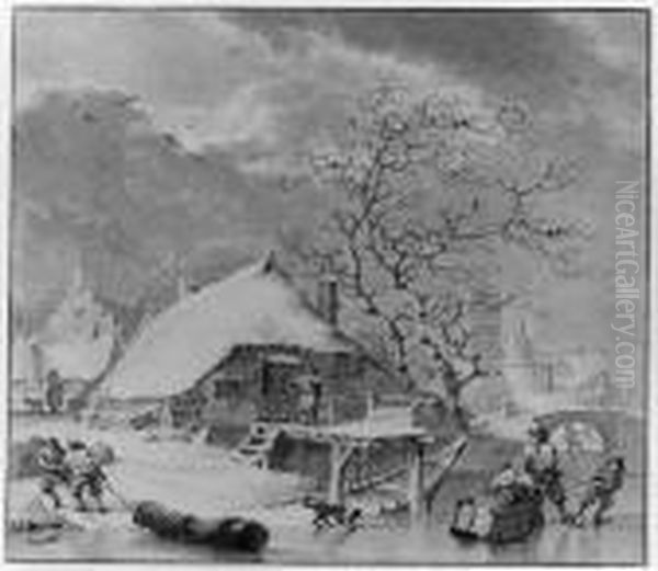 Winter: Figures On The Ice Near A House, A Church Beyond - view 1