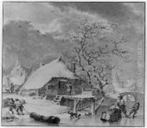 Winter: Figures On The Ice Near A House, A Church Beyond by Hendrik Meijer