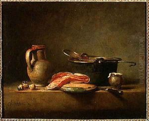 Copper Cauldron with a Pitcher and a Slice of Salmon