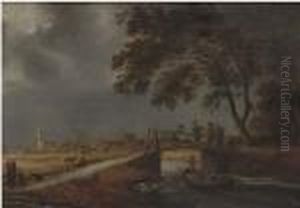 A Stormy Landscape With Travellers On A Bridge