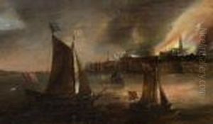 Zugeschrieben - Nachtliche Flusslandschaft Mit Segelboot Vor Einer Stadt by Frans de Momper