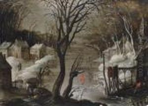 A Winter Landscape With Figures Skating And A Town Beyond by Frans de Momper