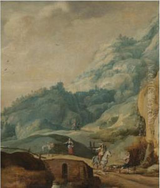 A Mountainous Landscape With A Cavalier And A Huntsman In The Foreground by Frans de Momper
