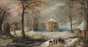 An Extensive Winter Village Landscape With Peasants And Their Mules On A Path
