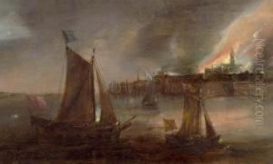 River Landscape With Sailing Boat Before A Town. by Frans de Momper