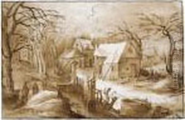 A Winter Landscape, With Three Horsemen Approaching A Settlement In The Snow - view 1