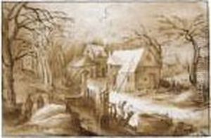 A Winter Landscape, With Three Horsemen Approaching A Settlement In The Snow by Frans de Momper