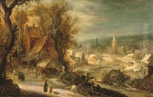 A Winter River Landscape With Figures On The Outskirts Of A Village by Frans de Momper