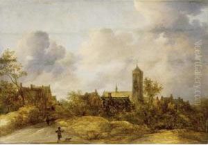 A Dune Landscape With Travellers On A Path Near A Town by Frans de Momper