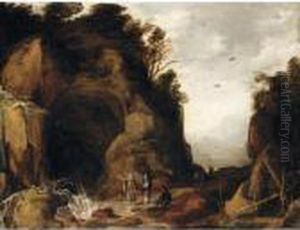 A Mountainous Landscape With Travellers And A Hermit Outside A Cave With A Waterfall
