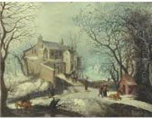 Winter Landscape With Figures, Animals And A Town On A River by Frans de Momper