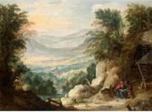 An Extensive Mountainous Landscape With Two Hermits Reading In The Foreground
