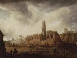 A View Of Antwerp With Townsfolk In The Foreground