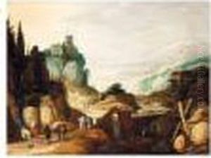 An Extensive Mountain Landscape With Travellers Drinking From A Stream, A Bridge Beyond