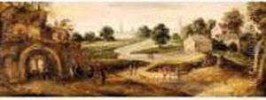 A Landscape With Hermits In A Grotto With Other Figures And A Town Beyond