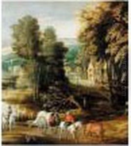 Landscape With Waggoners Beside A River, With A Village Beyond