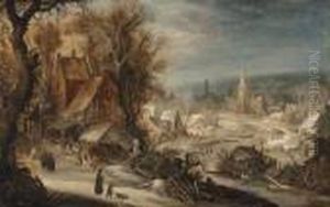 A Winter River Landscape With A Town