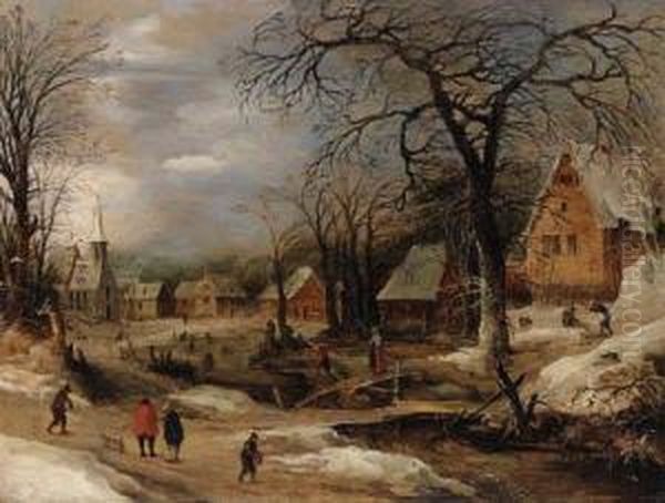 A Village Scene In Winter With Peasants By A River - view 1