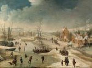 A Village In Winter With Figures Skating On A Frozen River by Frans de Momper
