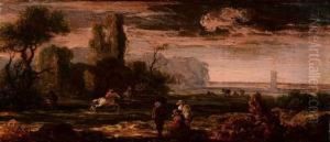 Paesaggio Al Tramonto Con Viandanti E Uomo A Cavallo