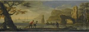 An Italianate Coastal Landscape With Fishermen Hauling In Their Nets by Francois de Nome (Monsu, Desiderio)