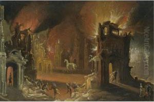 The Sack Of Troy With Aeneas And Anchises Fleeing The City