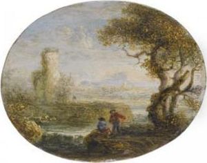 An Italianate River Landscape With Two Figures Fishing by Francois de Nome (Monsu, Desiderio)