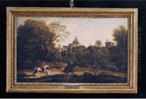 Paesaggio Con Cavalieri, La Cupola Di Ariccia In Lontananza