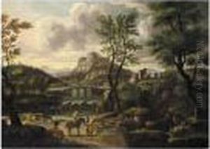 An Italianate Landscape, With Figures Resting Before A River, A Town Beyond by Francois de Nome (Monsu, Desiderio)