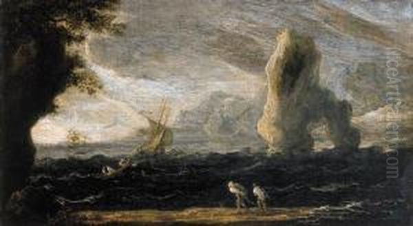 A Rocky Coastal Landscape With Fishermen Hauling In Their Nets, Asa Storm Approaches - view 1
