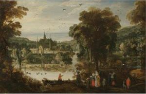 A Landscape With A Moated Palace, And Figures Awaiting The Ferry On The Near Side